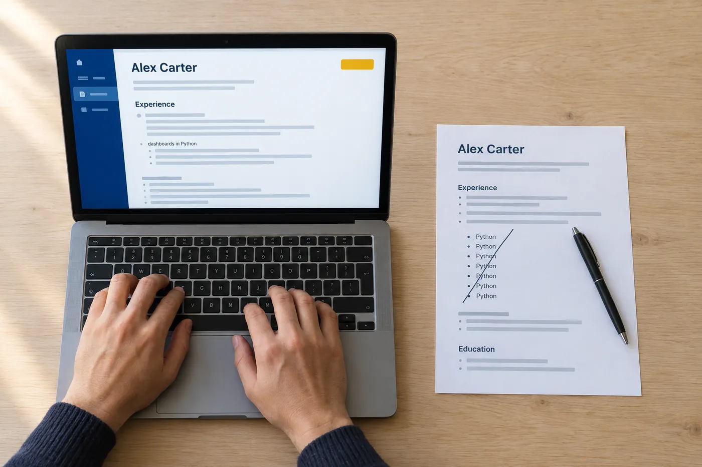 A laptop showing a resume with 'dashboards in Python' next to a printed draft with duplicate keywords crossed out.
