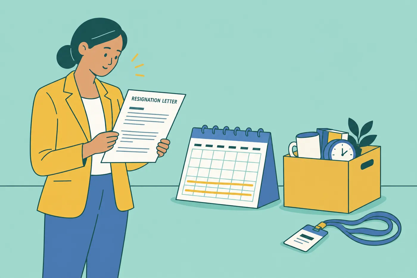 A woman holds her resignation letter next to a crossed-out calendar and a packed box, showing the risk of being let go early.