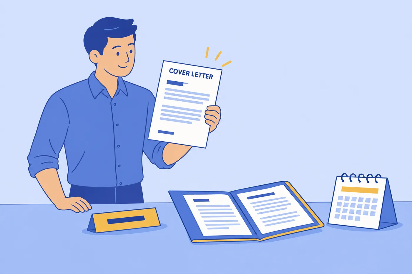 A man holds a cover letter beside a nameplate, a work folder, and a calendar, showing what the document looks like.