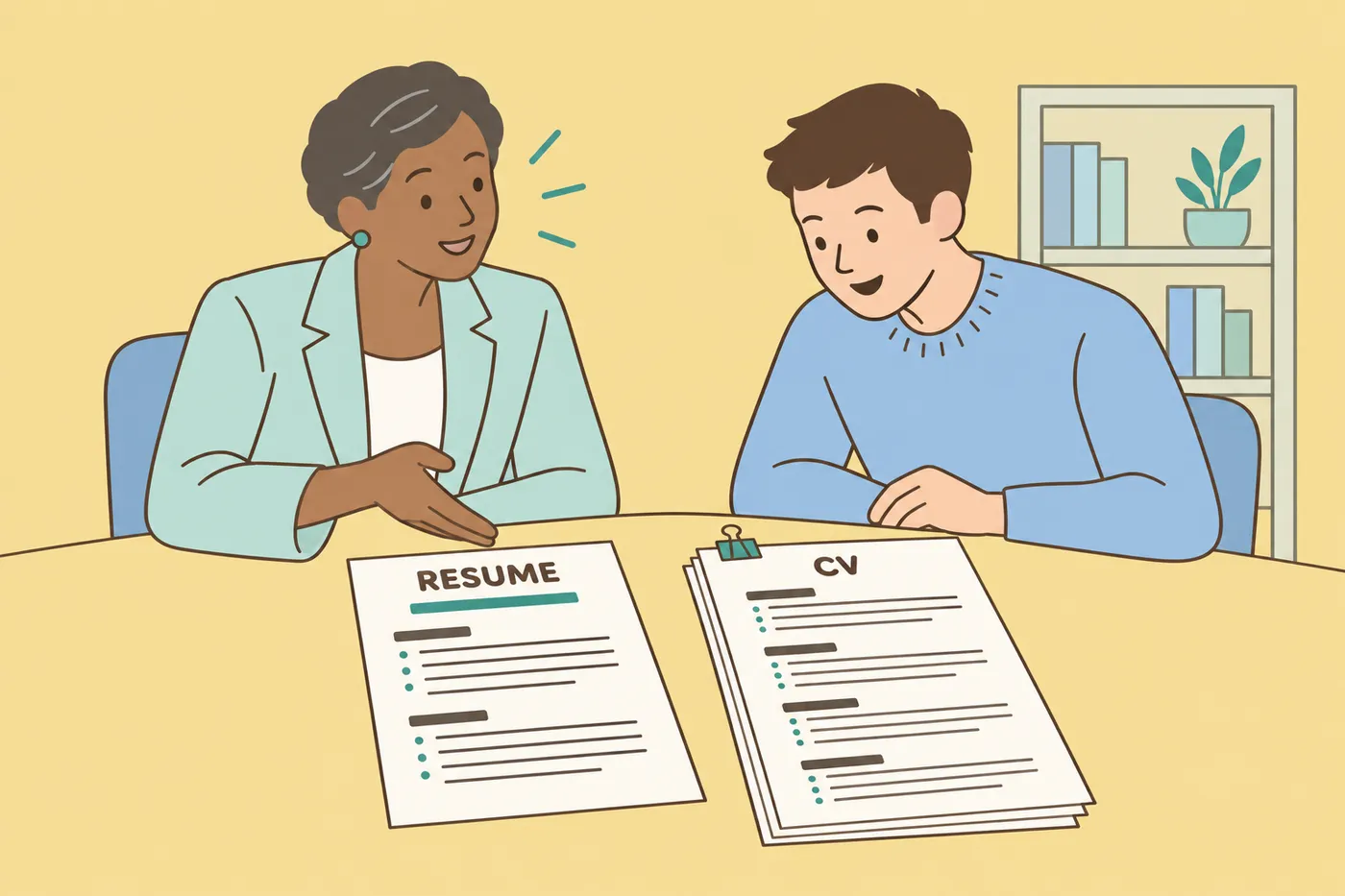 An academic adviser explains the difference between a one-page resume and a multi-page CV to a student.
