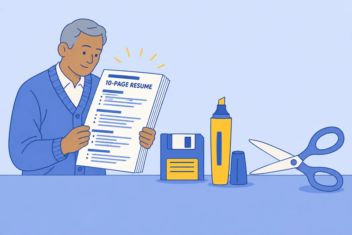 A man in his sixties holds a thick ten-page master resume next to a giant floppy disk, highlighter, and scissors.