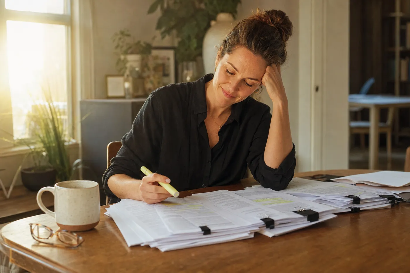 A professional reviews a thick stack of printed resume pages at a sunlit table, representing an outdated, over-long resume.