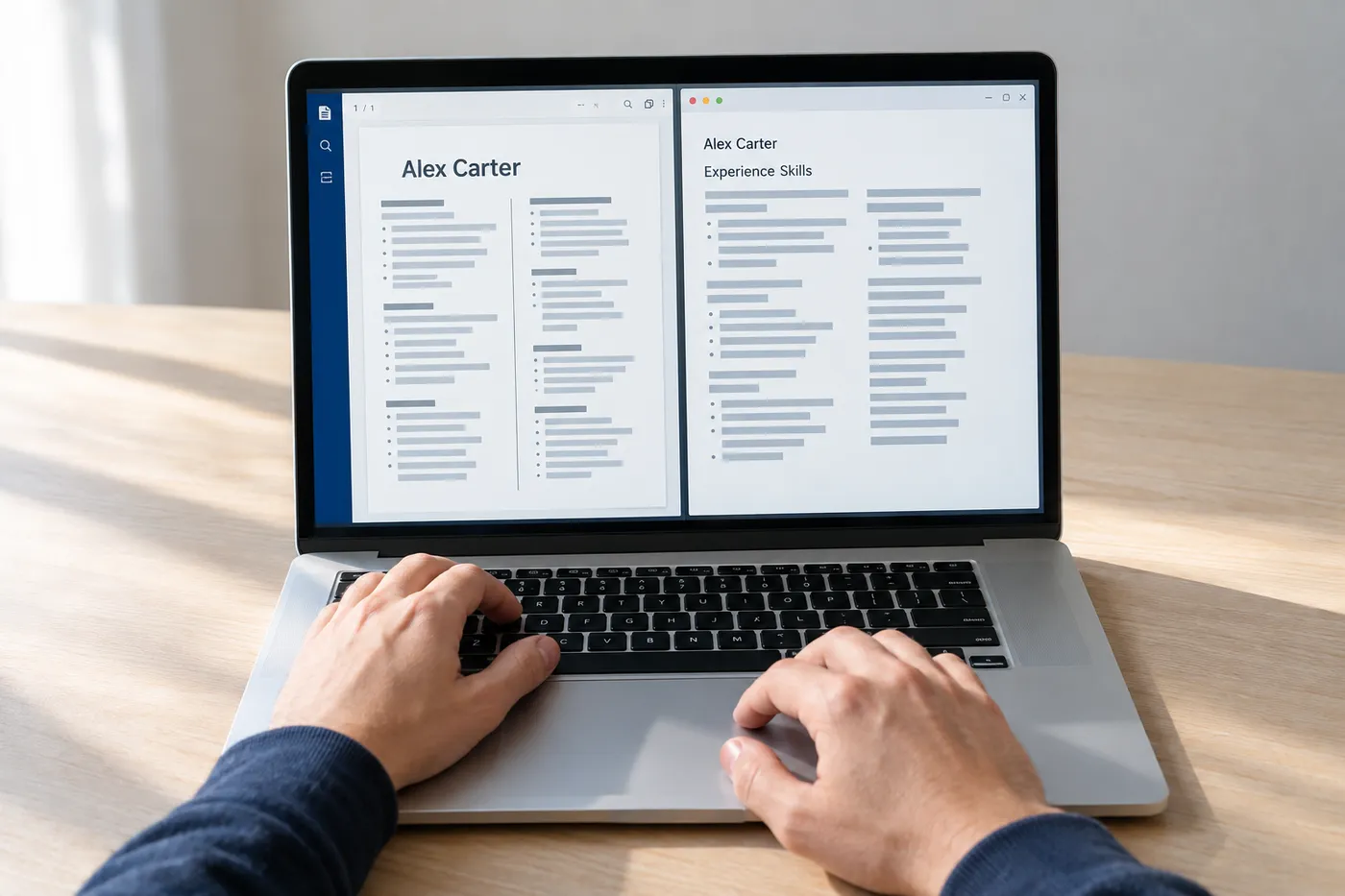 A laptop screen showing a two-column resume pasted into text, where the column headers merge into 'Experience Skills'.