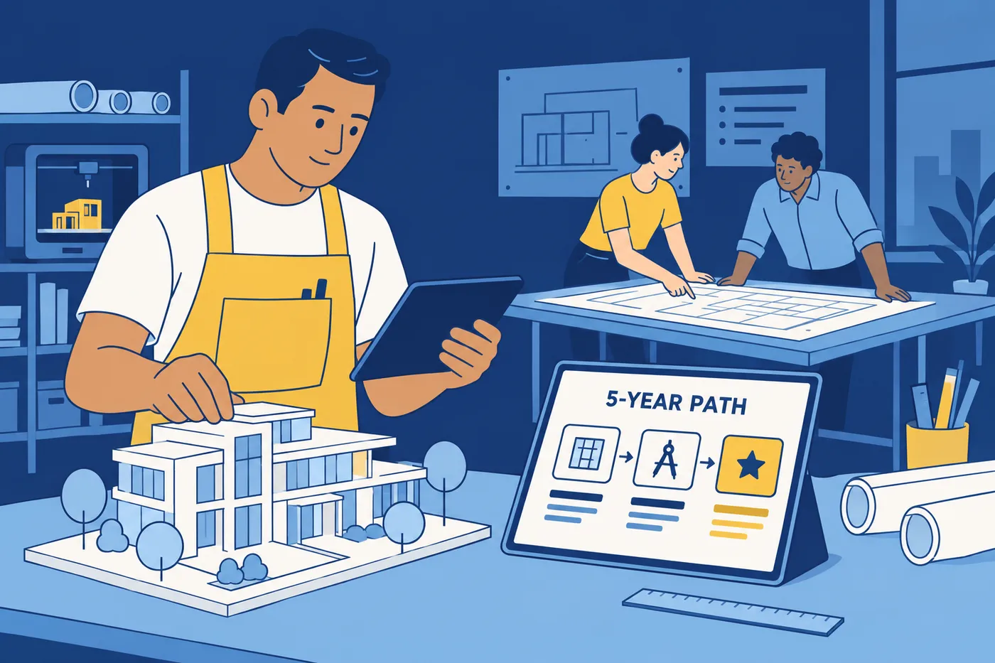 A career-changing designer reviews his five-year career path on a tablet while working in an architectural studio.