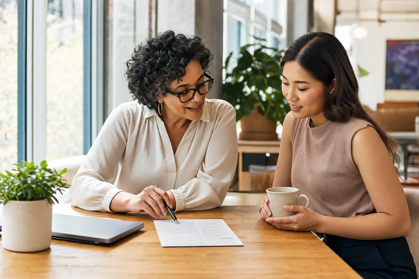 A career mentor points to a resume section while advising a professional in a bright, modern co-working space.