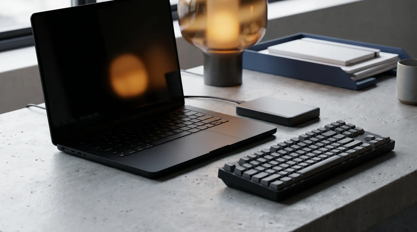 A sleek dark laptop and mechanical keyboard on a concrete desk, representing GitHub portfolio presentation.