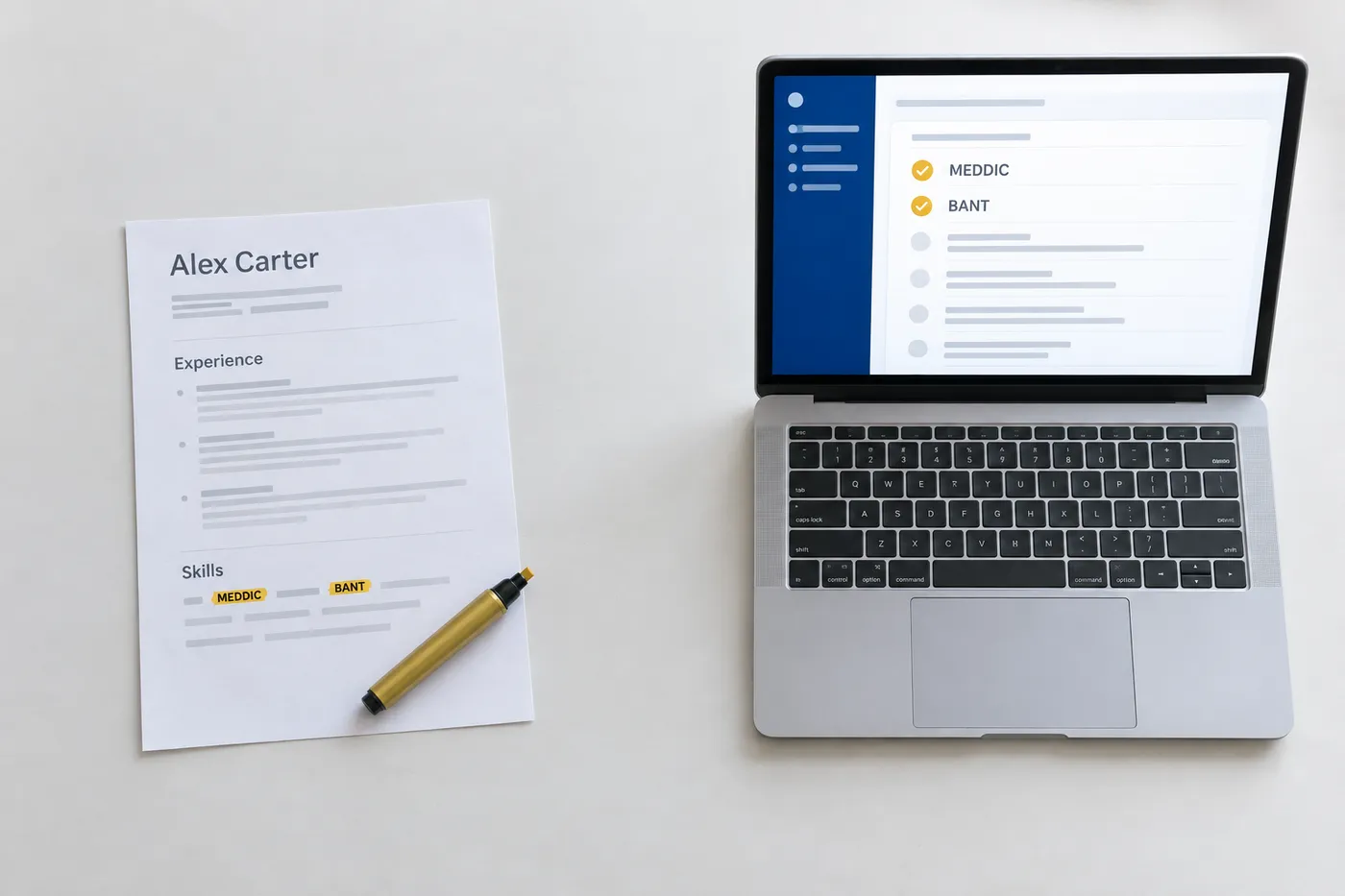 A printed resume with highlighted sales methodologies next to an ATS keyword scanner on a laptop screen.