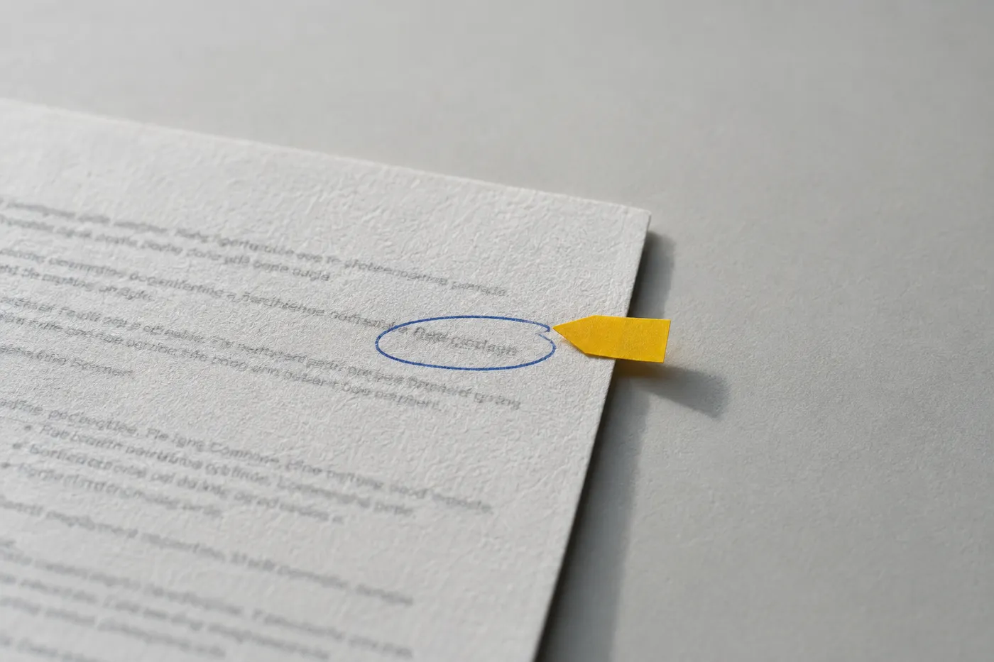 A close-up of a resume with a tool name circled in blue ink and marked with a yellow tab, highlighting key CRM skills.