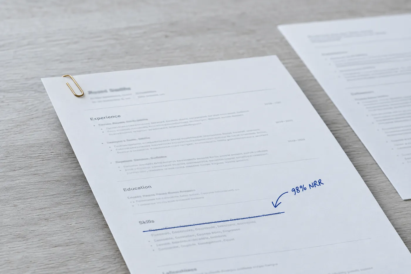 A printed resume on a desk with a generic soft skill struck out and replaced by a handwritten '98% NRR' metric.