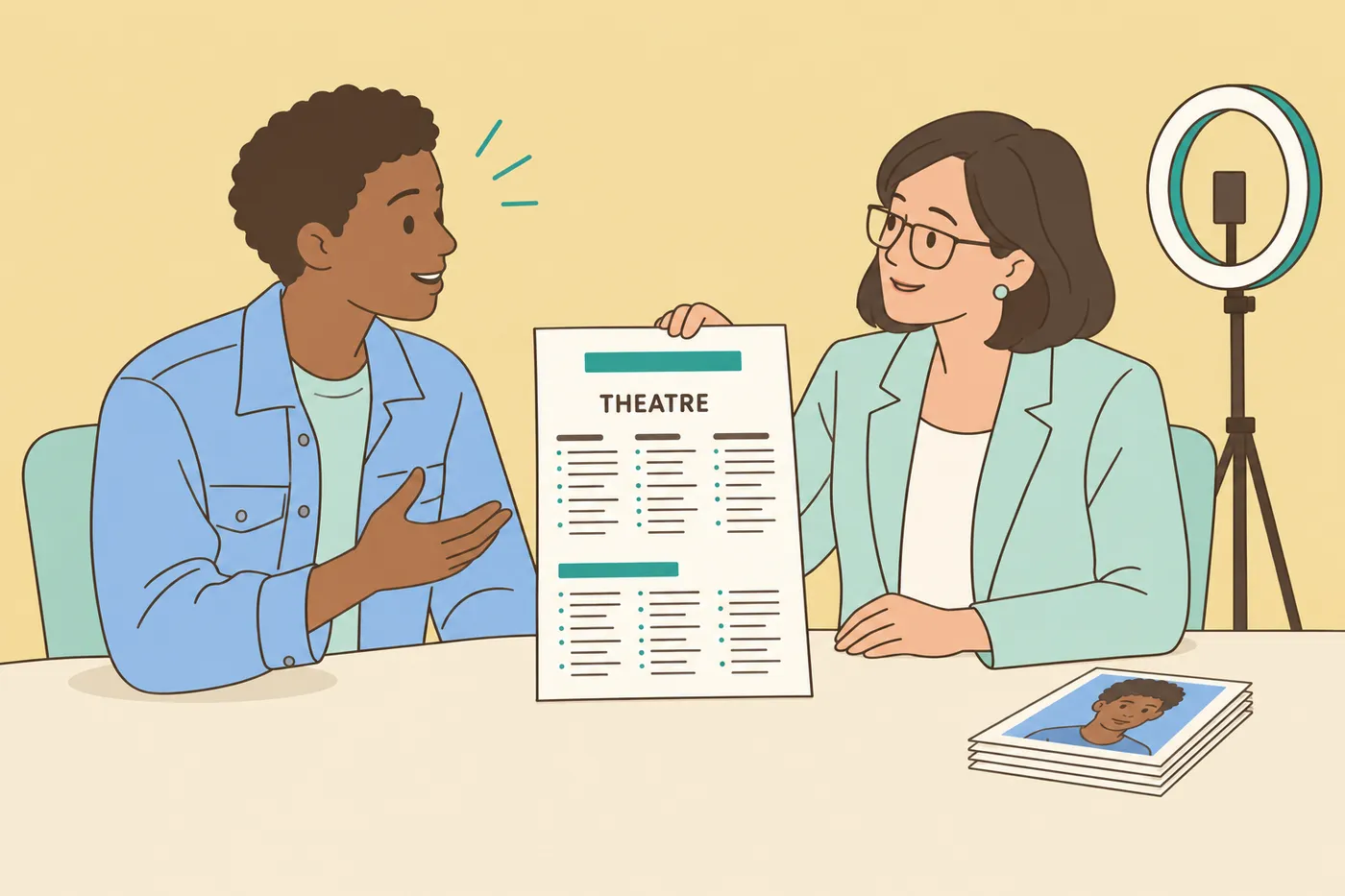 An actor and agent review a three-column acting resume with the Theatre section on top.