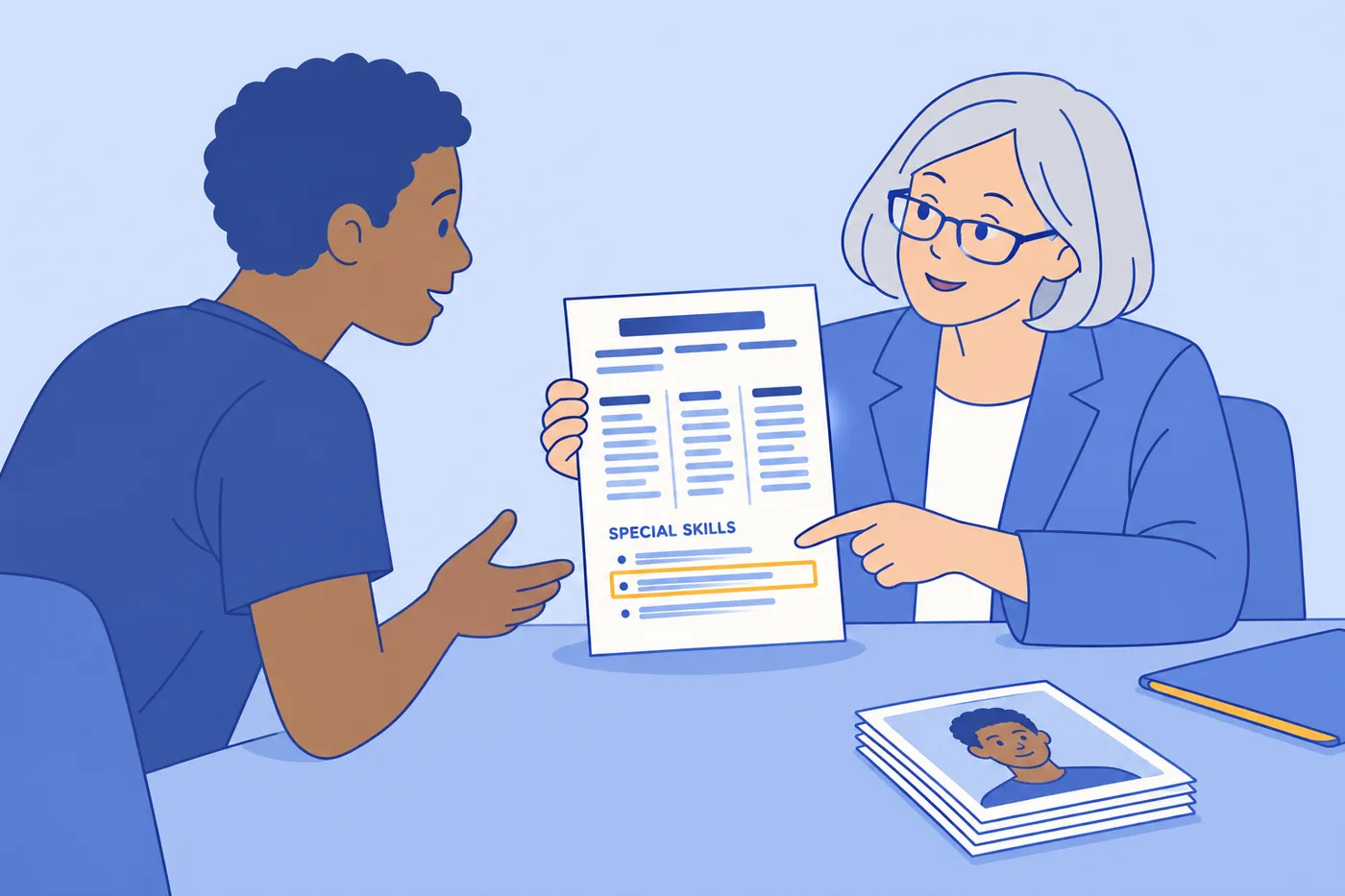 A casting director points to the special skills section on a young actor's resume during an audition.