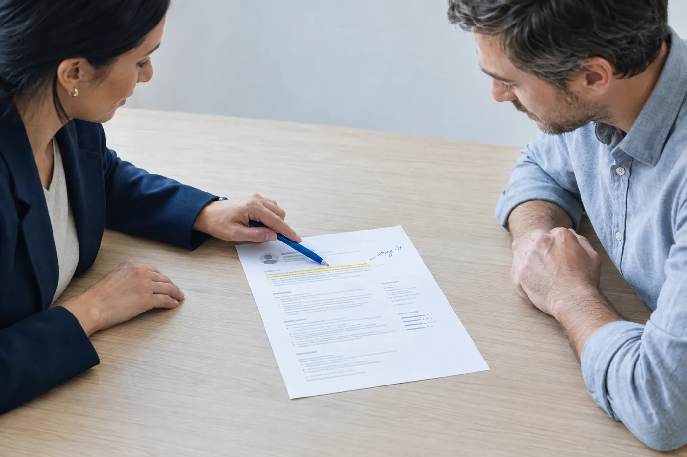 A recruiter points to a highlighted professional summary on a resume during a collaborative candidate review.
