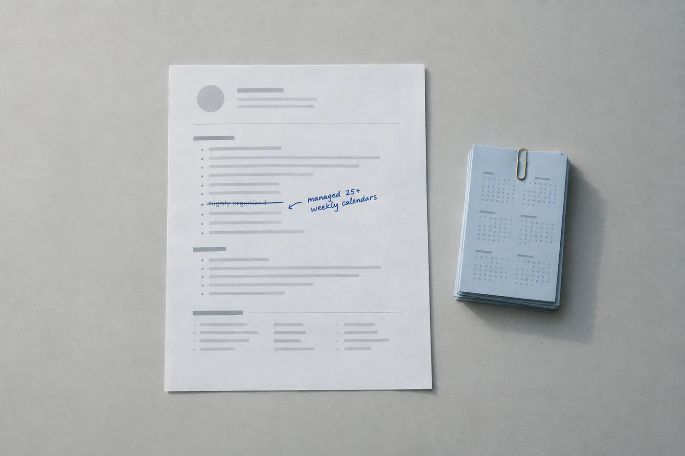 A top-down view of a resume where a generic 'highly organized' skill is crossed out in blue ink and replaced with a specific metric.