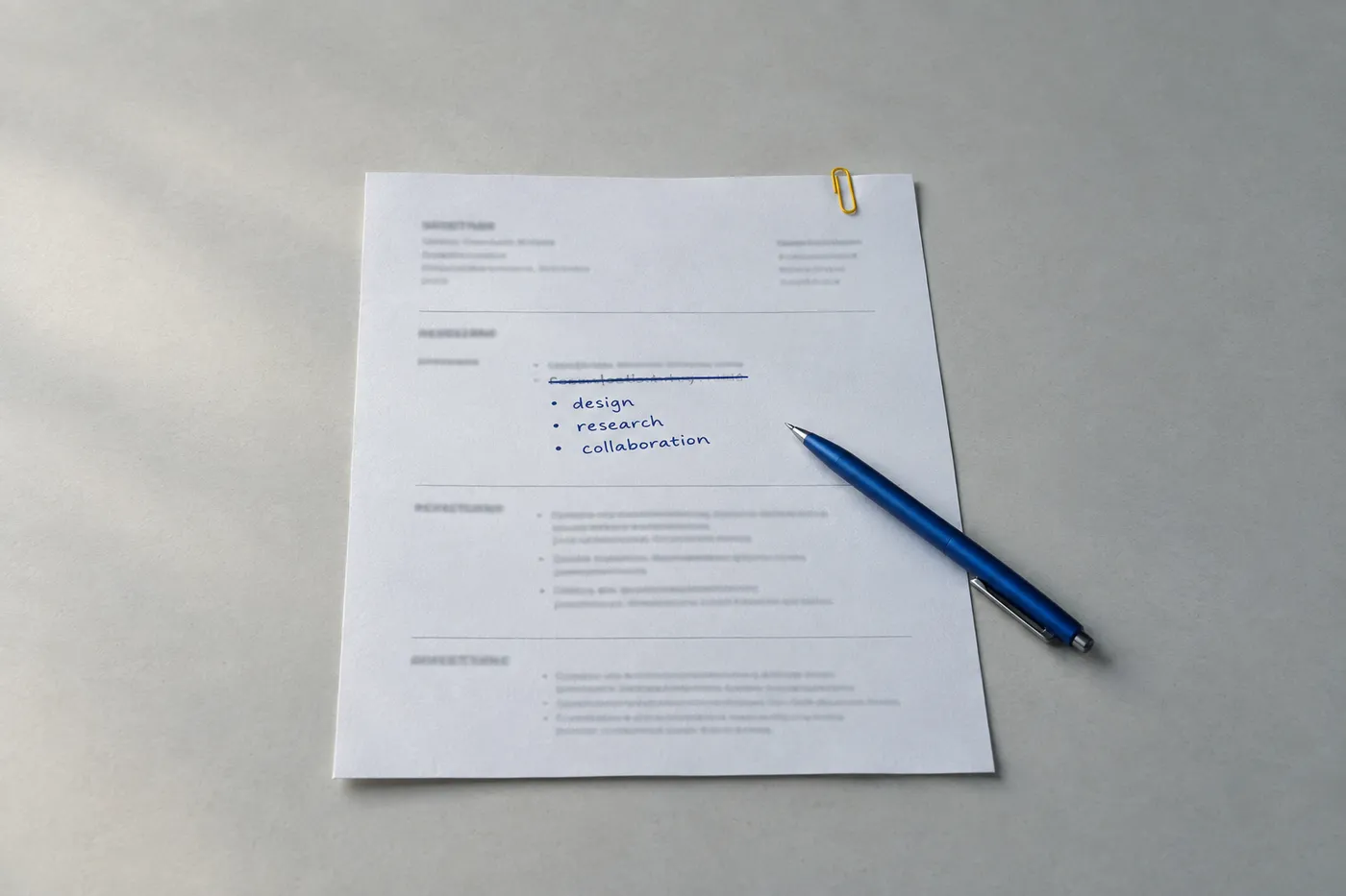 An overhead view of a printed resume with generic skills crossed out and modern Android technical terms written in blue ink.