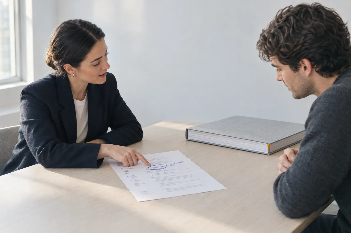 A recruiter points to a circled skill on an architect’s resume, while a large design portfolio sits closed nearby.