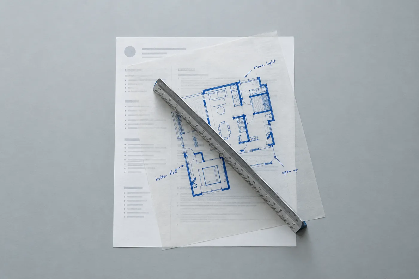 A metal architect's scale ruler on a translucent blue-ink floor plan overlaying a structured printed resume.