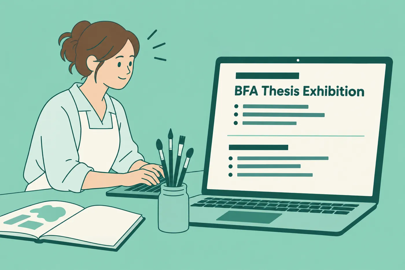 An artist sits at her desk updating her resume to include her BFA thesis exhibition, for an article on early-career artist resumes.