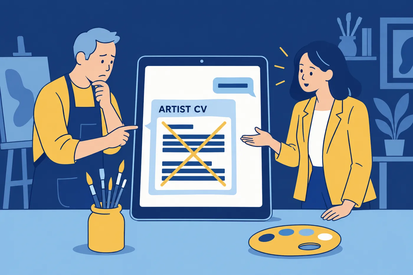 An artist and a curator look at a giant tablet showing an AI chat response for an artist CV crossed out with a large X.