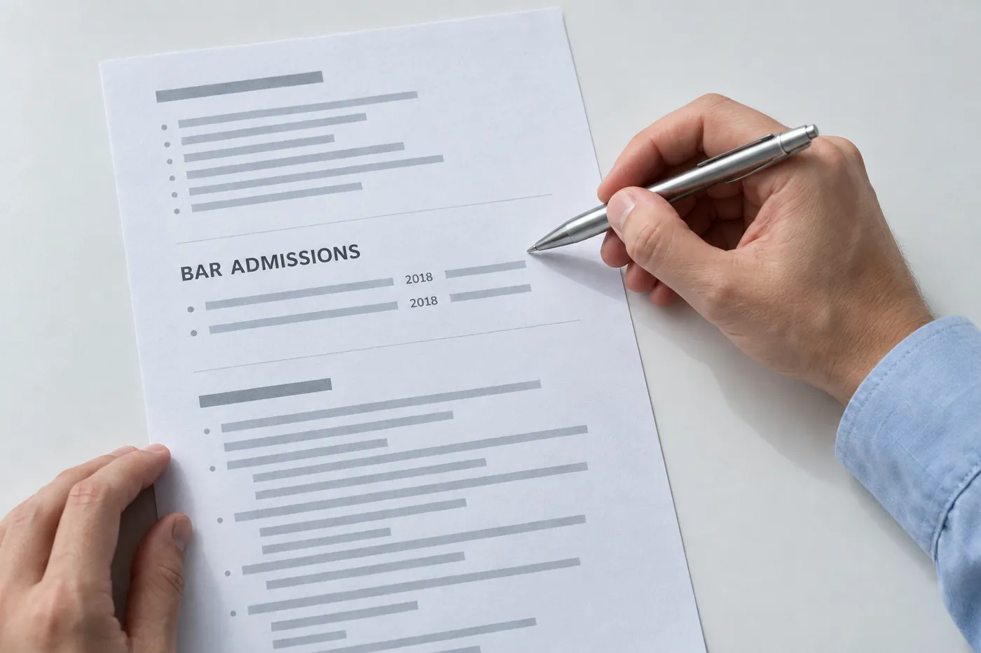 A silver pen pointing to the year 2018 under the Bar Admissions heading on a printed attorney resume.