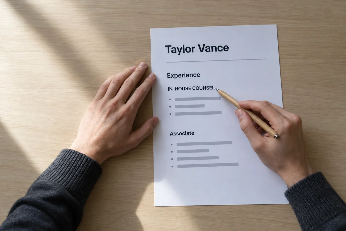 Hands holding a pen over a printed attorney resume showing the transition to an In-House Counsel role.