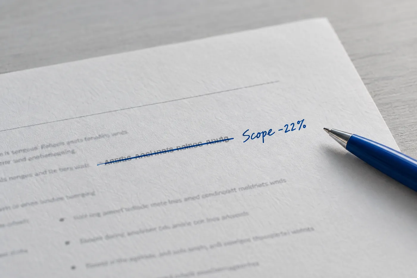 A close-up of a resume bullet point crossed out in blue ink, replaced with a handwritten note reading 'Scope -22%'.