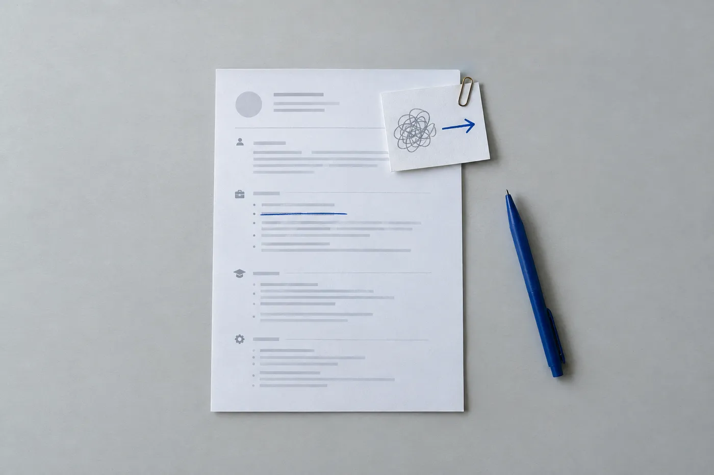 A flat lay of a resume with a vague bullet point crossed out in blue, replaced by a card showing a simplified process diagram.