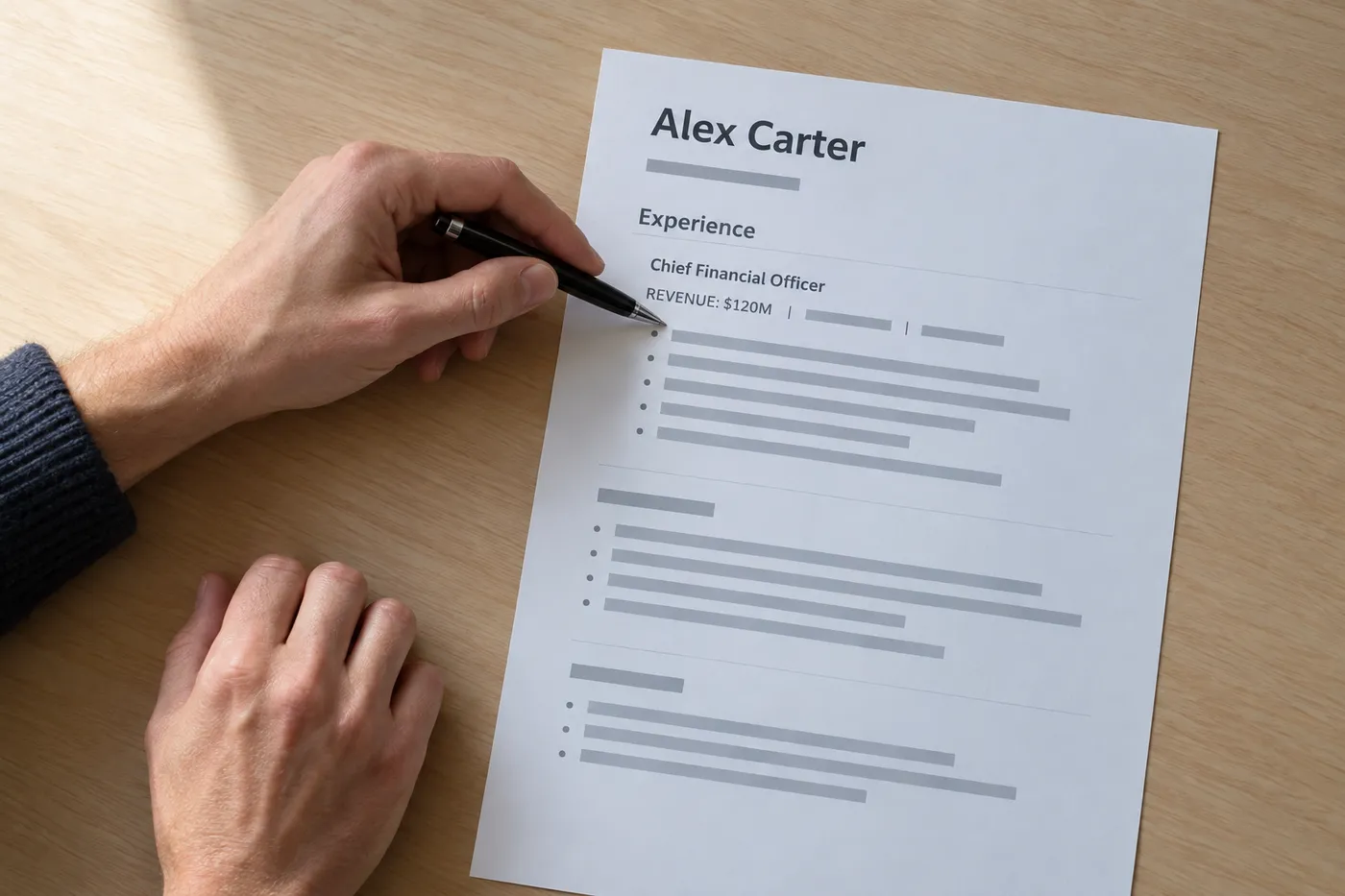 A hand pointing a pen at a resume's scope line showing 'REVENUE: $120M' on a wooden desk, illustrating CFO resume metrics.