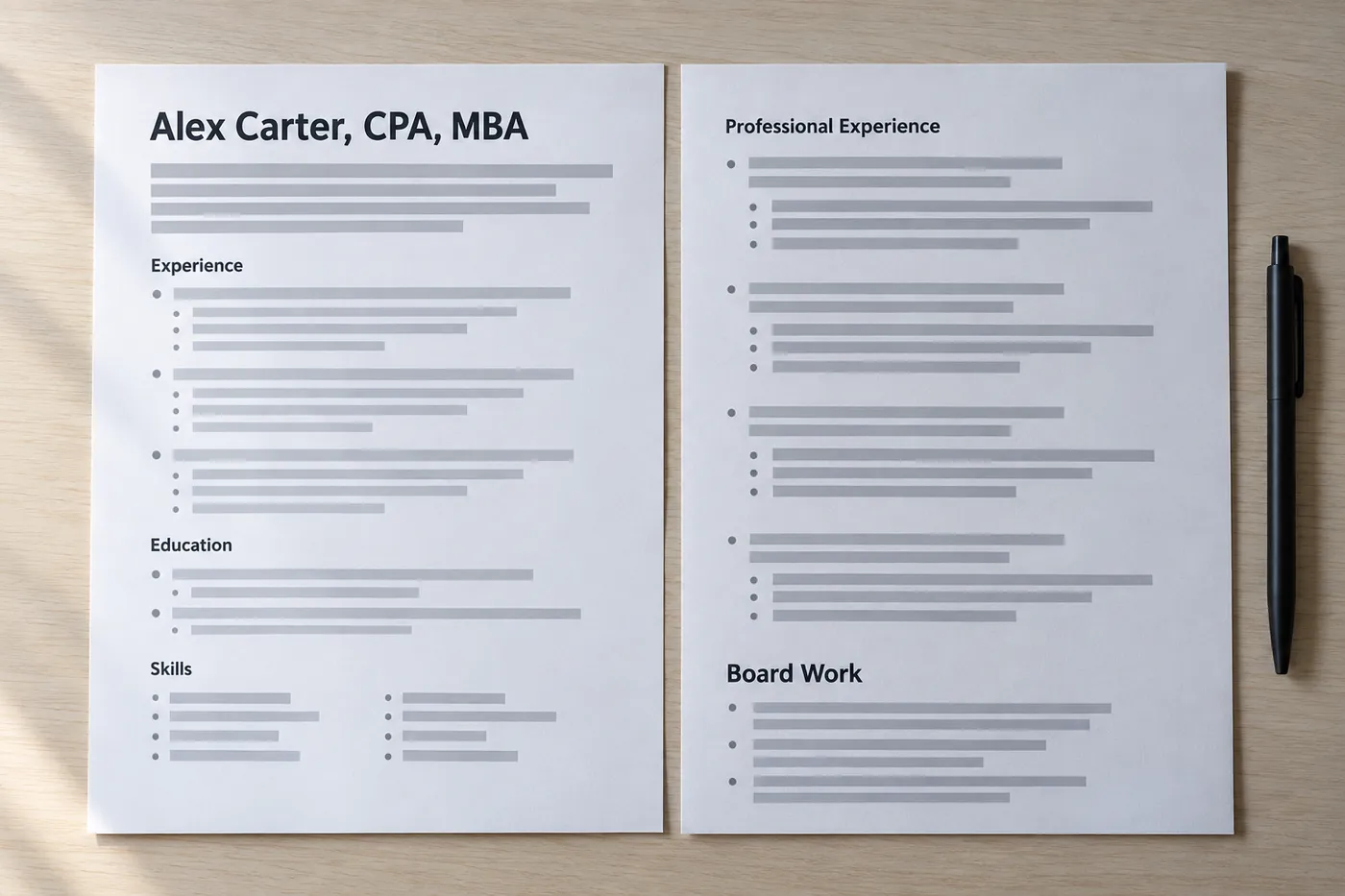 Two resume pages side-by-side showing CPA and MBA credentials at the top and a dedicated Board Work section at the bottom.