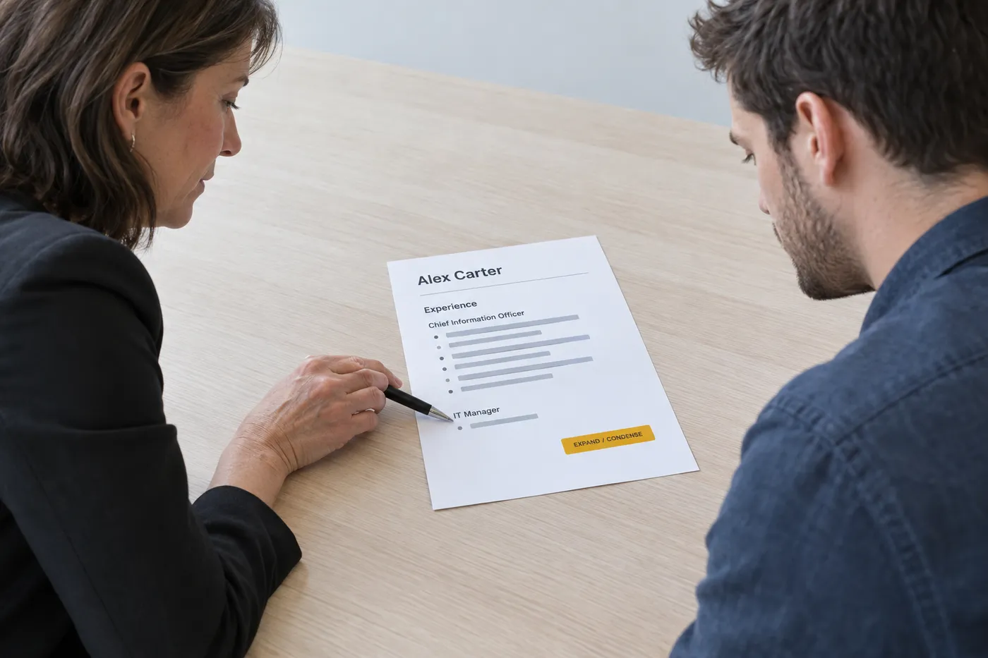 A printed resume showing a detailed CIO role contrasted with a condensed IT Manager role, reviewed by two people.