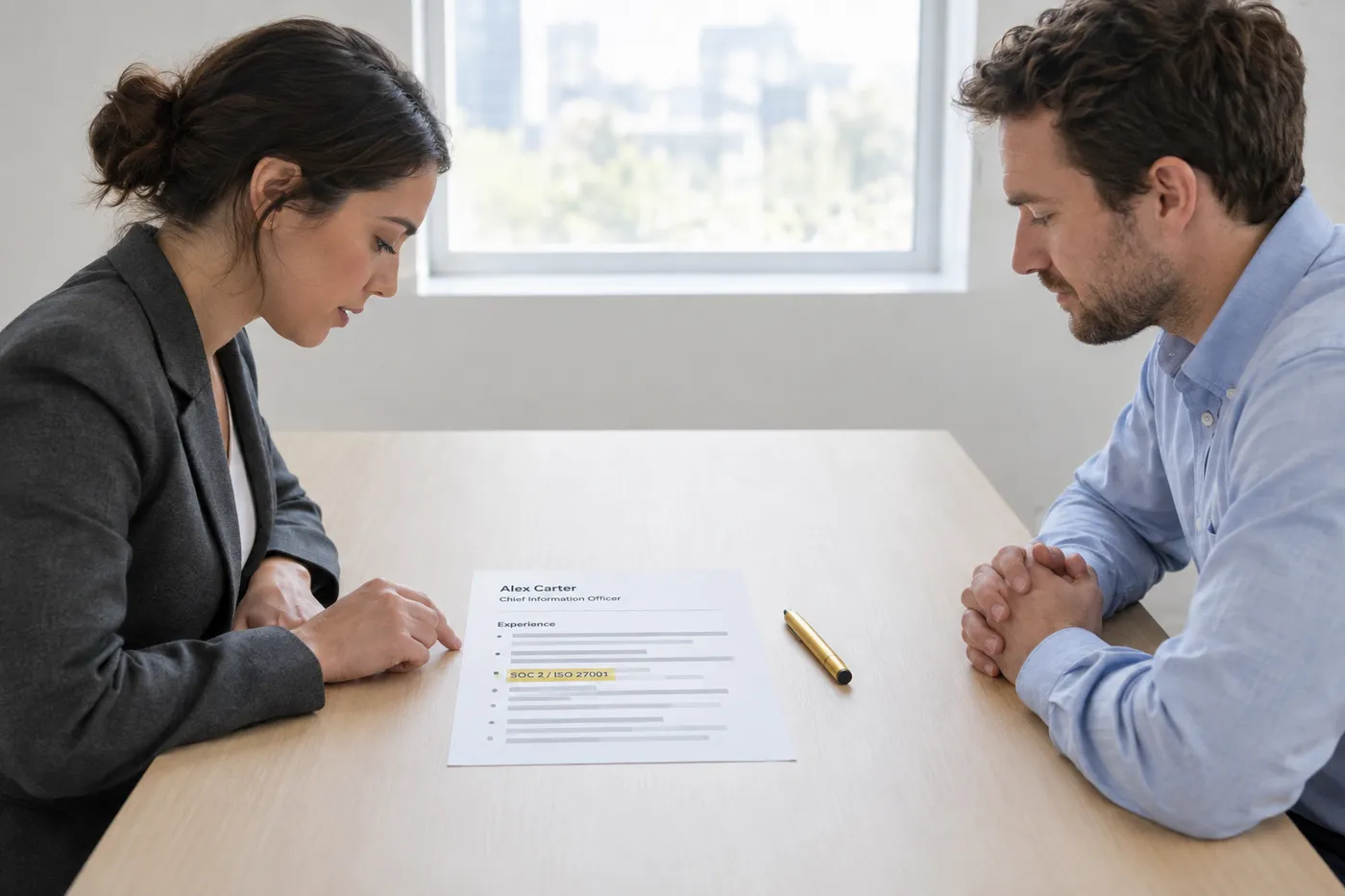 A board member and a candidate looking at a CIO resume highlighting SOC 2 and ISO 27001 compliance, during an interview.