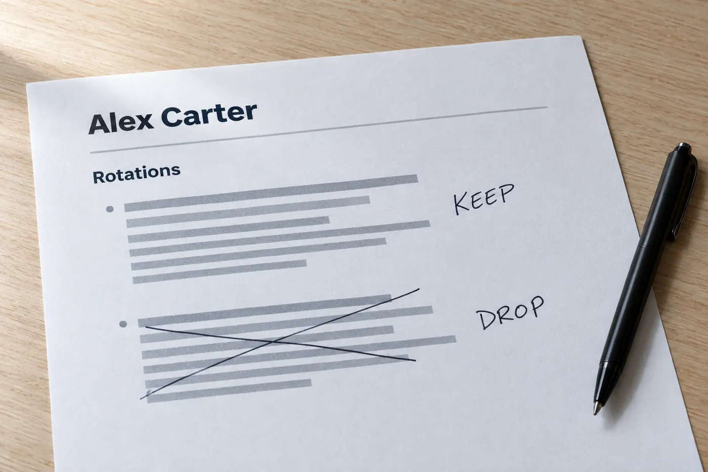 A printed resume draft with the handwritten notes KEEP and DROP next to different project bullet points.