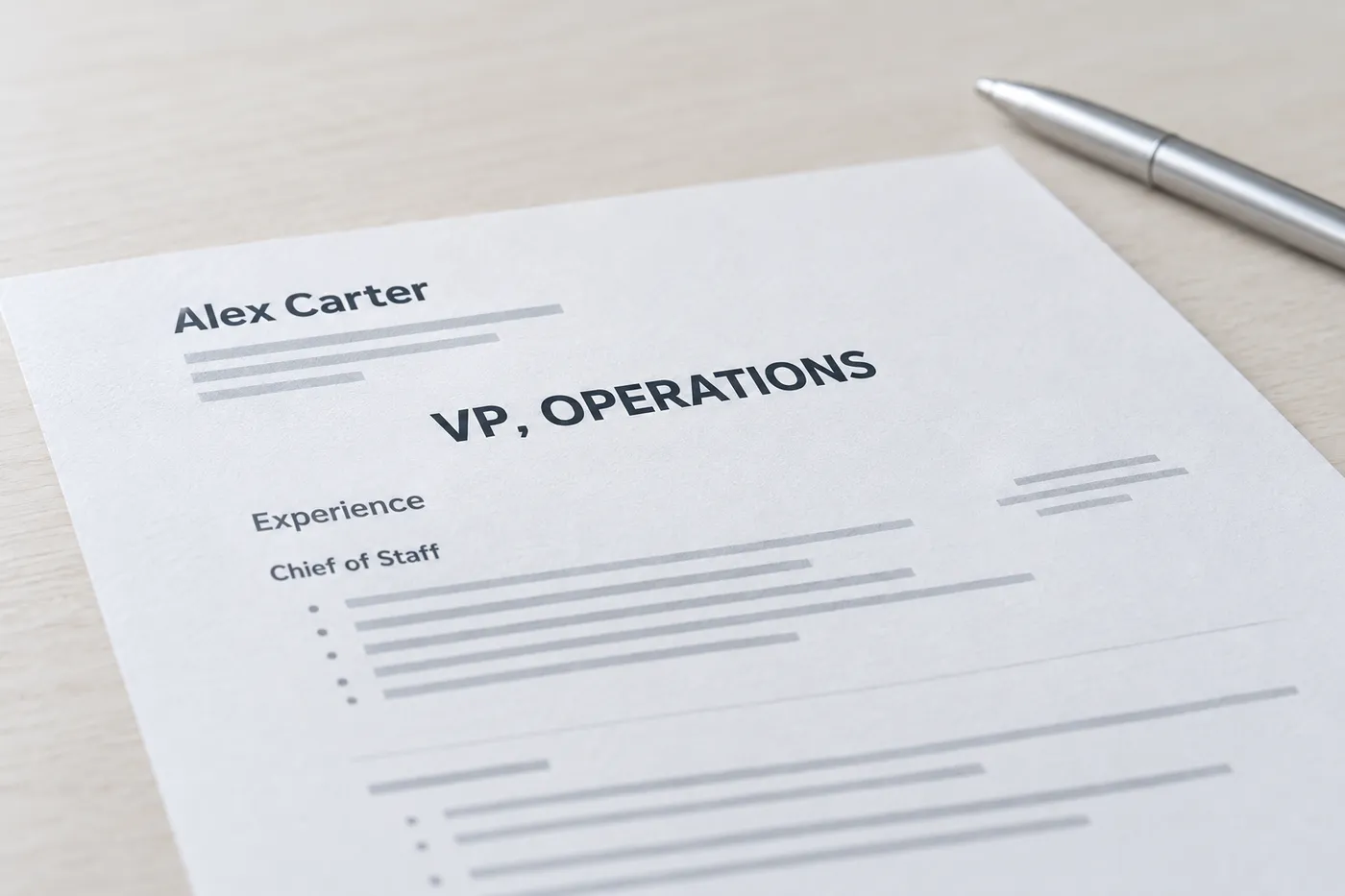 A printed resume on a wooden desk highlighting the target title 'VP, OPERATIONS' above a Chief of Staff job history.