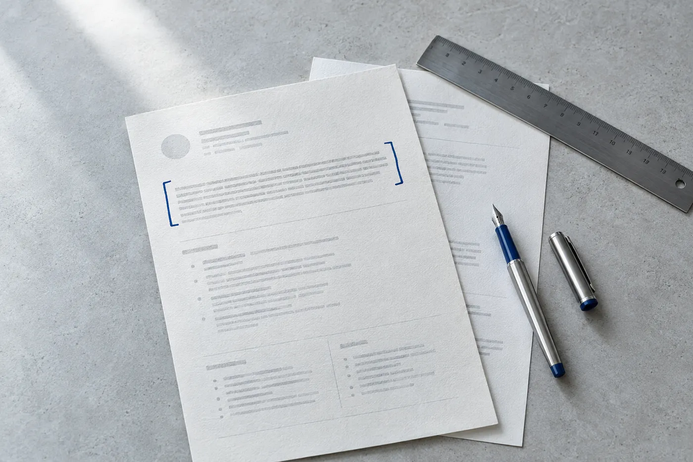 A printed executive resume on a grey desk, with a blue ink bracket highlighting the summary section next to a fountain pen.