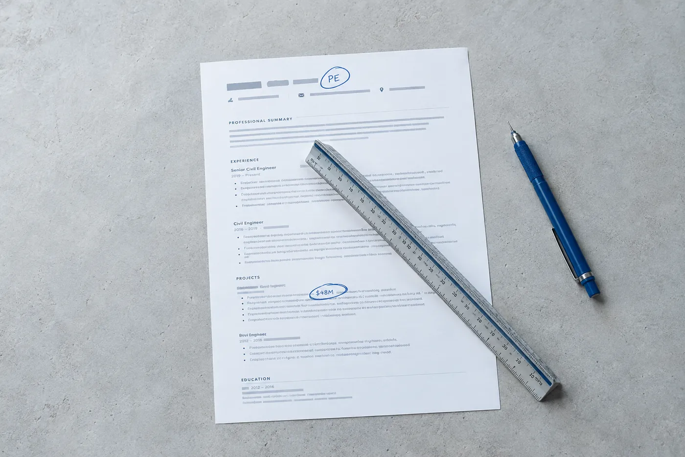 An architect's scale ruler on a civil engineering resume where a PE license and project budget metrics are circled in blue.