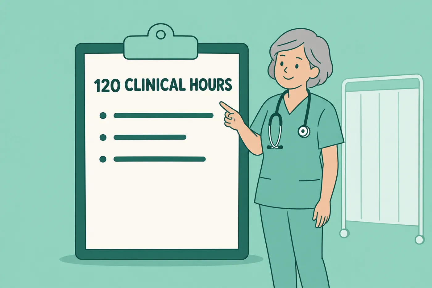 A nursing instructor points to a giant resume clipboard showing clinical hours, for a guide on CNA resume writing.