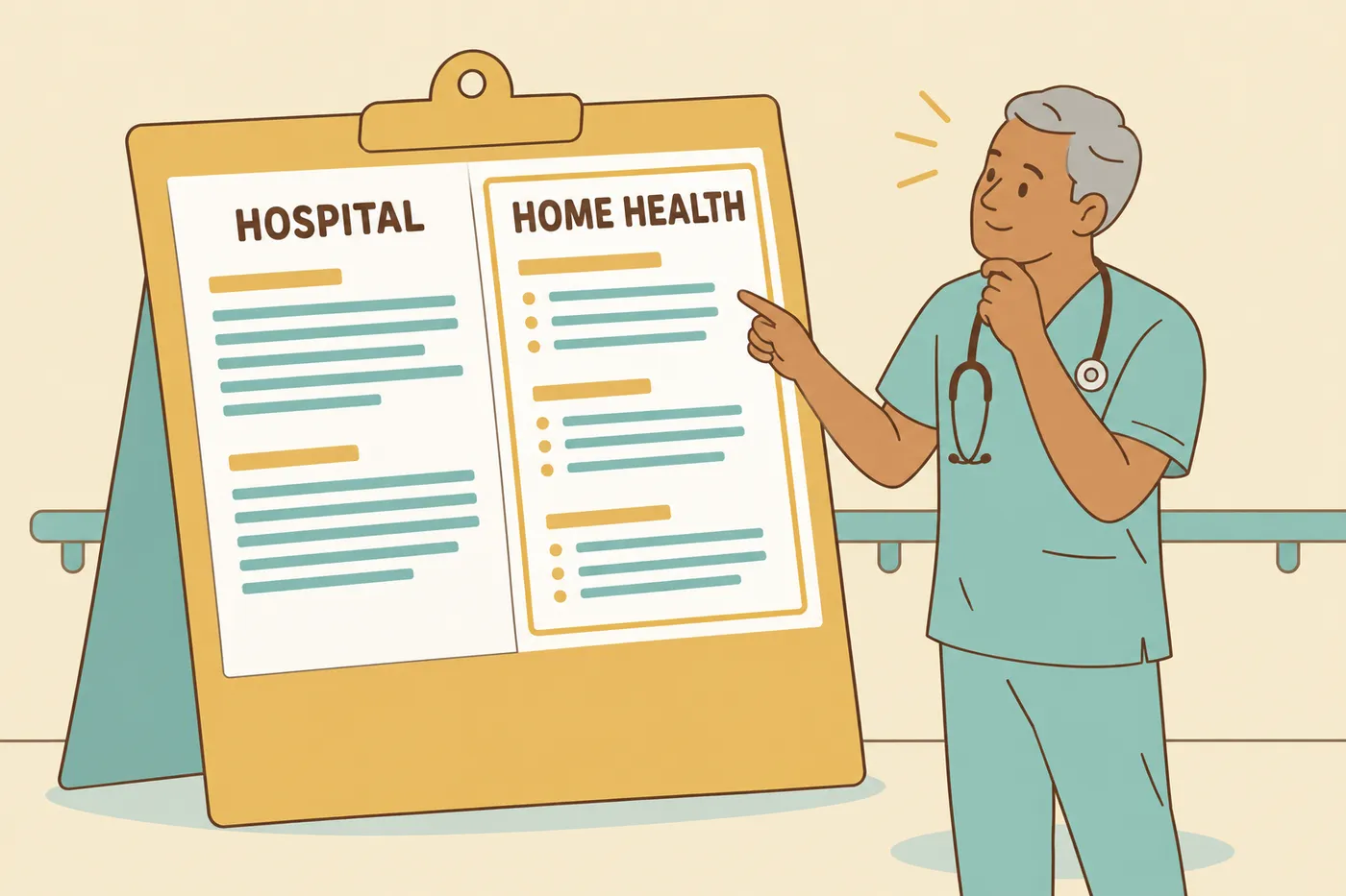 A CNA in his sixties points to a giant clipboard showing different resume layouts for hospital and home health settings.