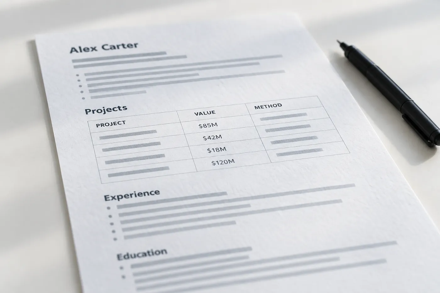 A project table on a printed construction manager resume showing columns for project, value, and method.