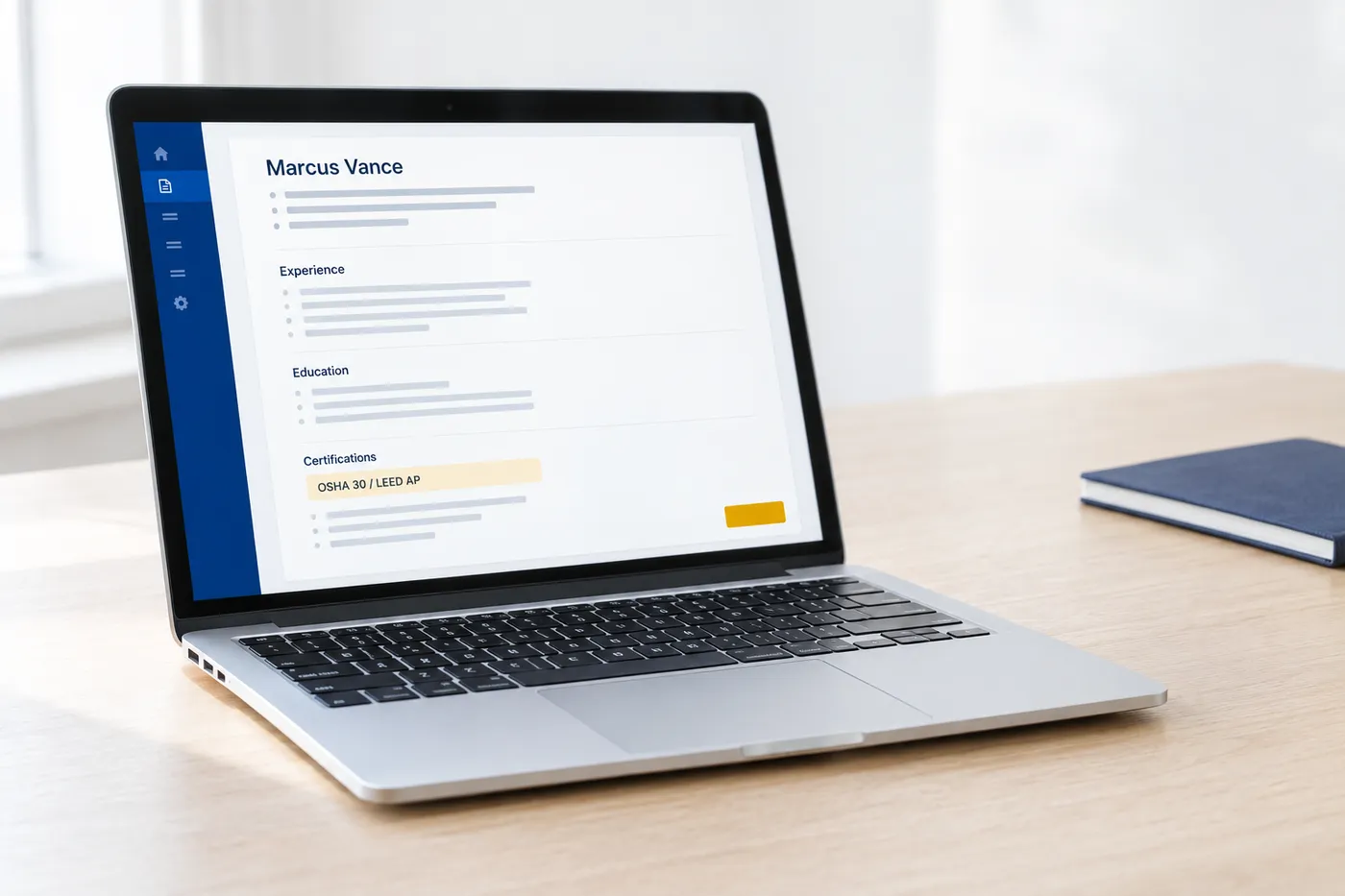 A construction manager resume on a laptop screen highlighting OSHA 30 and LEED AP certifications.