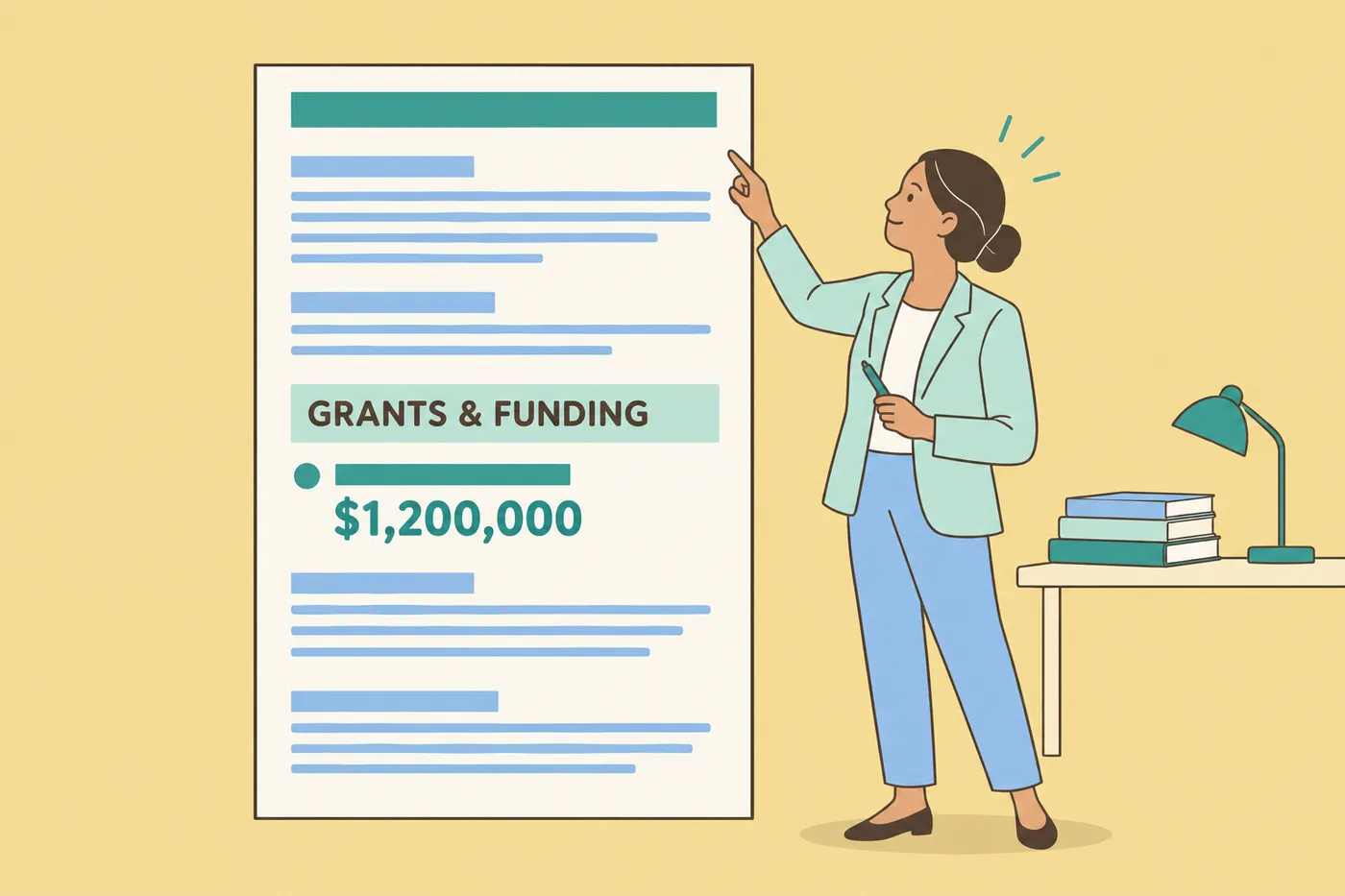 A academic researcher points to a giant CV section titled GRANTS & FUNDING, illustrating faculty-level career growth.