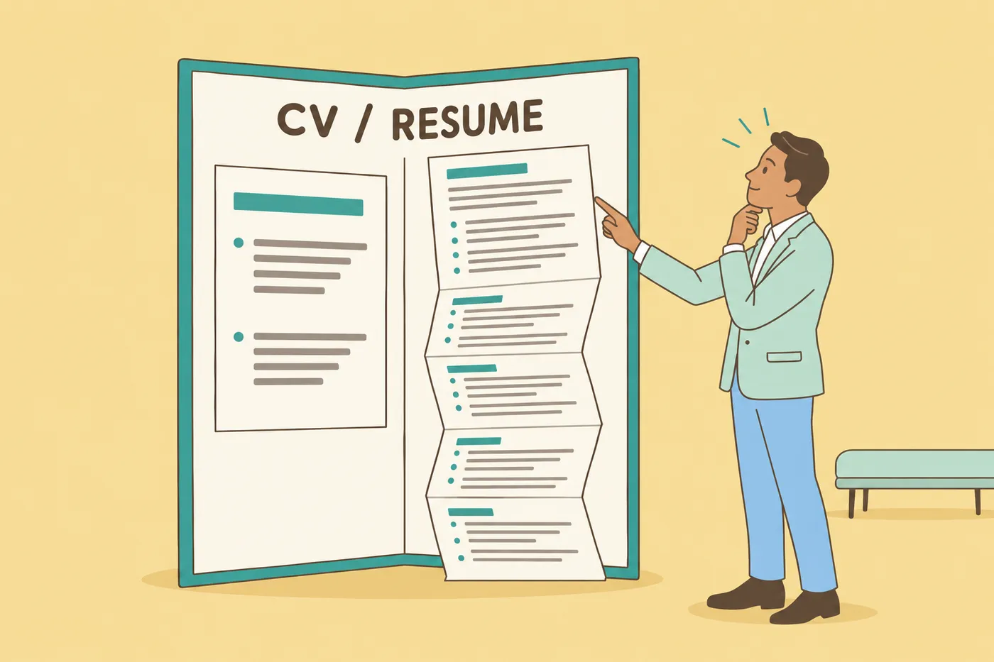 A man points to a giant open portfolio comparing a single-page resume with a multi-page academic CV.