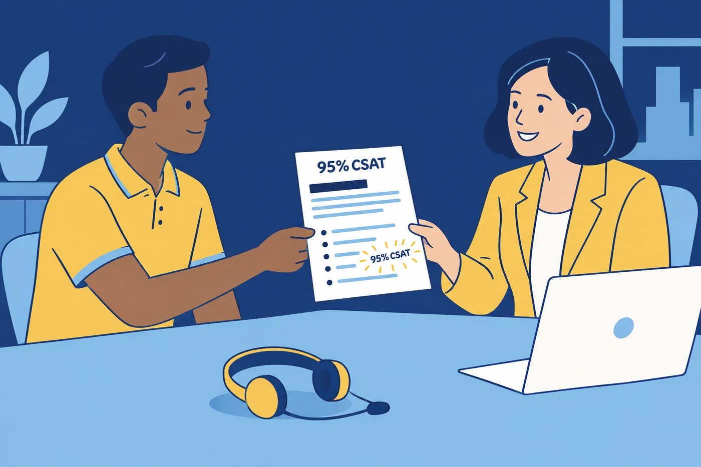A job seeker hands a resume highlighting a 95% CSAT score to a manager across a desk, for an article on customer service metrics.