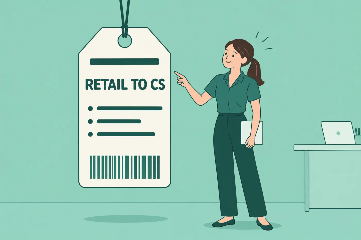 A woman points to a giant retail tag reading Retail to CS, showing how to transition retail skills to customer service.