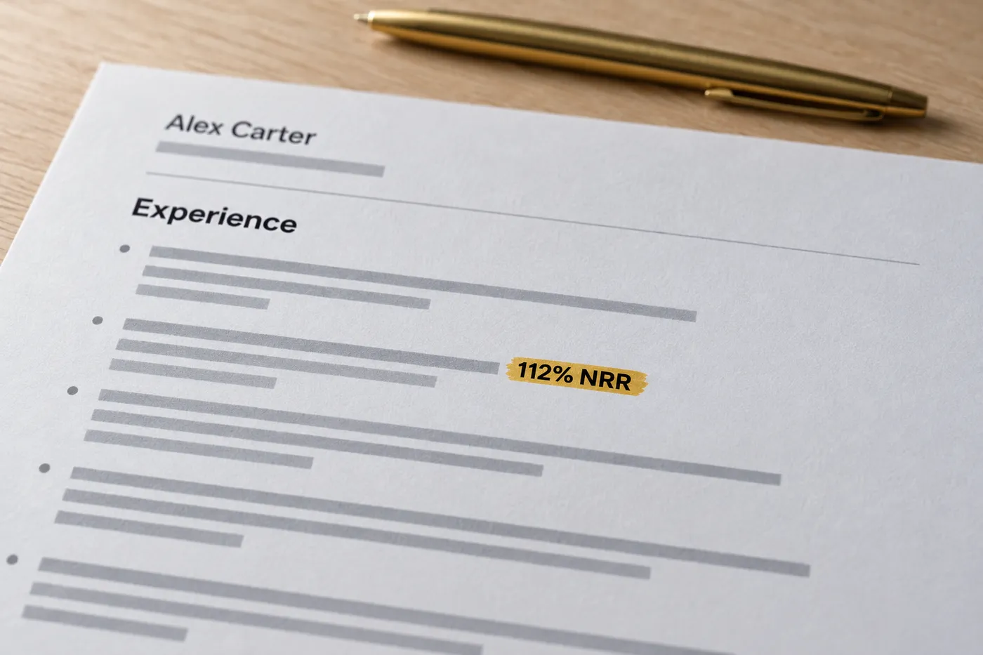 A close-up of a printed customer success manager resume with the metric 112% NRR highlighted in gold.