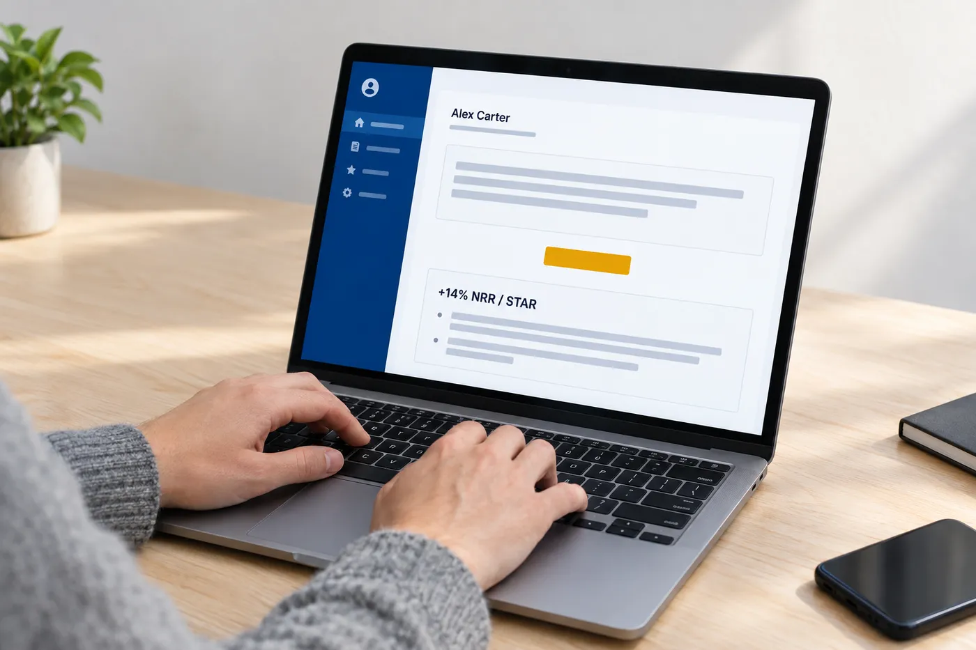 A web app on a laptop screen showing a vague resume bullet being rewritten into a STAR format metric of +14% NRR.