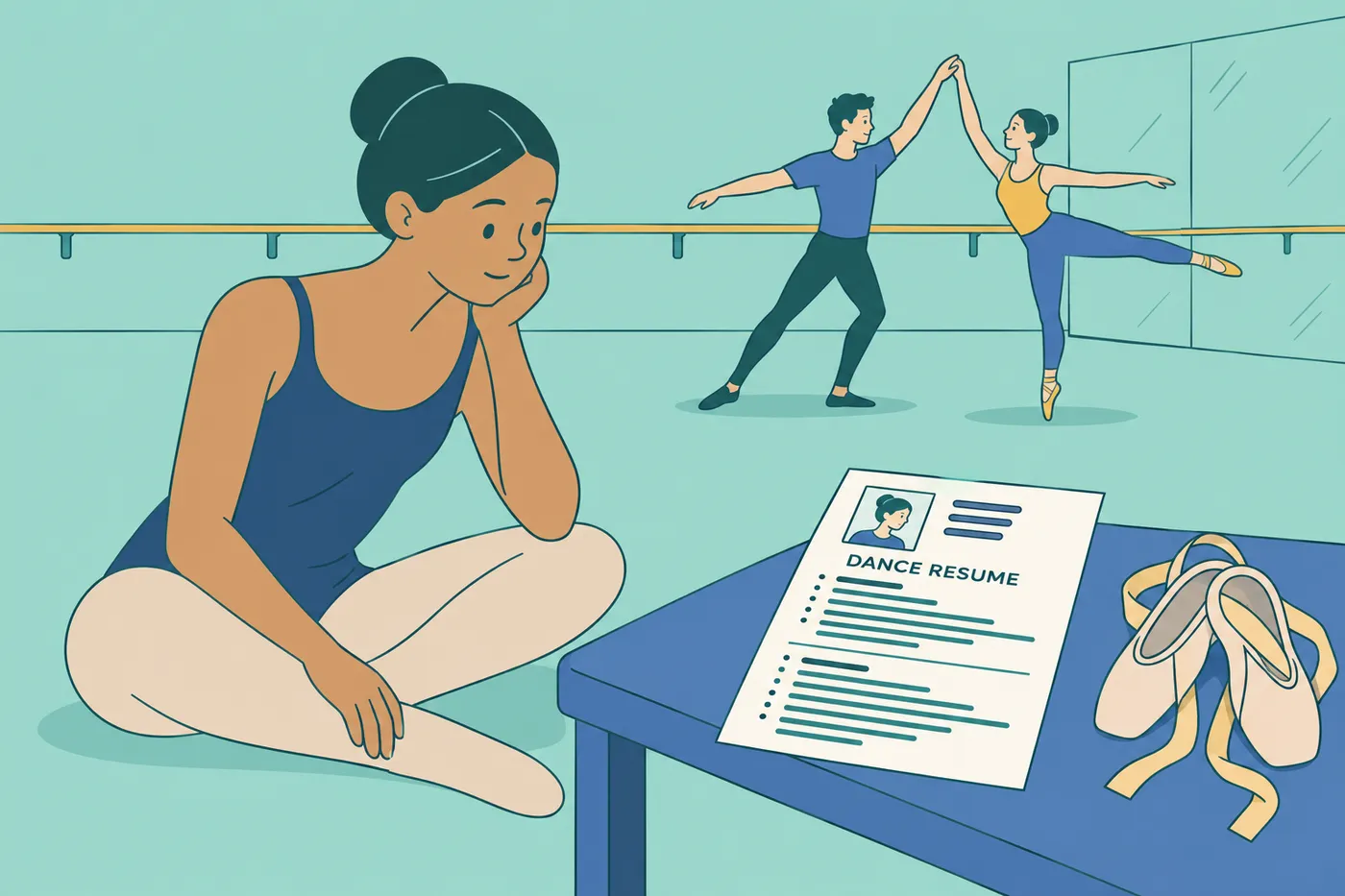 A dancer stretches in a studio next to her resume with a headshot placeholder, for an article on dance resume conventions.