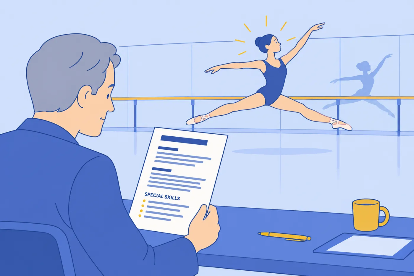 An audition director reviews a dancer's resume highlighting their special skills while a dancer performs in the background.