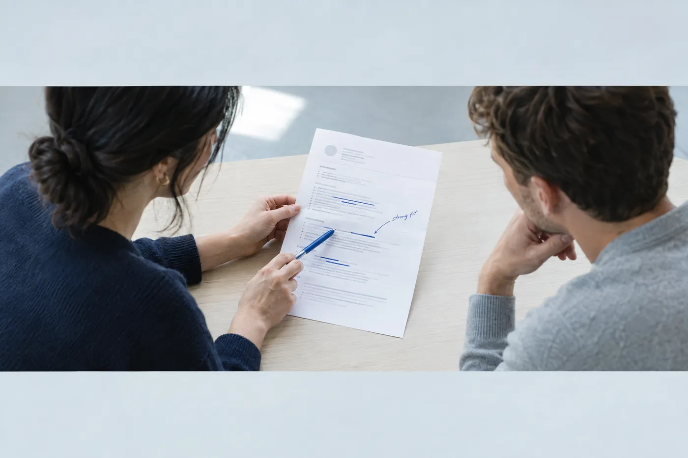 A recruiter and hiring manager review a data analyst resume together, pointing to highlighted skills on the page.