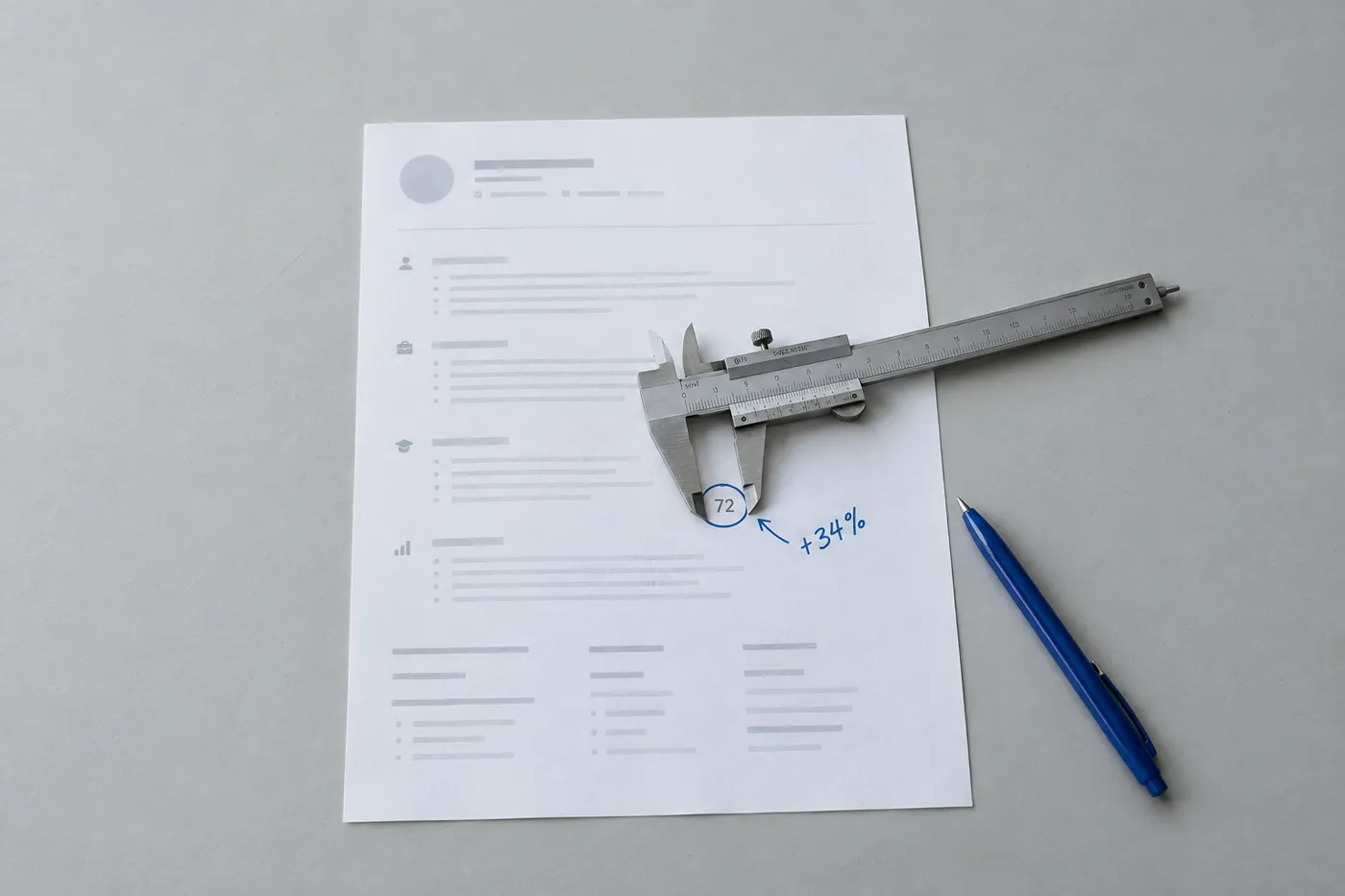 A metal caliper measures a hand-circled percentage metric on a printed resume, illustrating how to quantify data analyst projects.