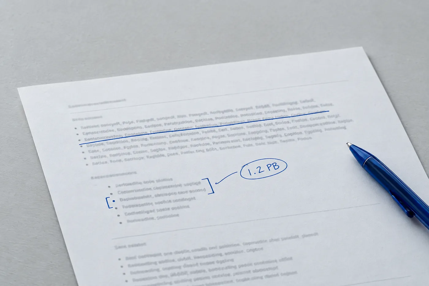 A close-up of a resume where a list of tools is crossed out in blue ink, highlighting a handwritten scale metric.