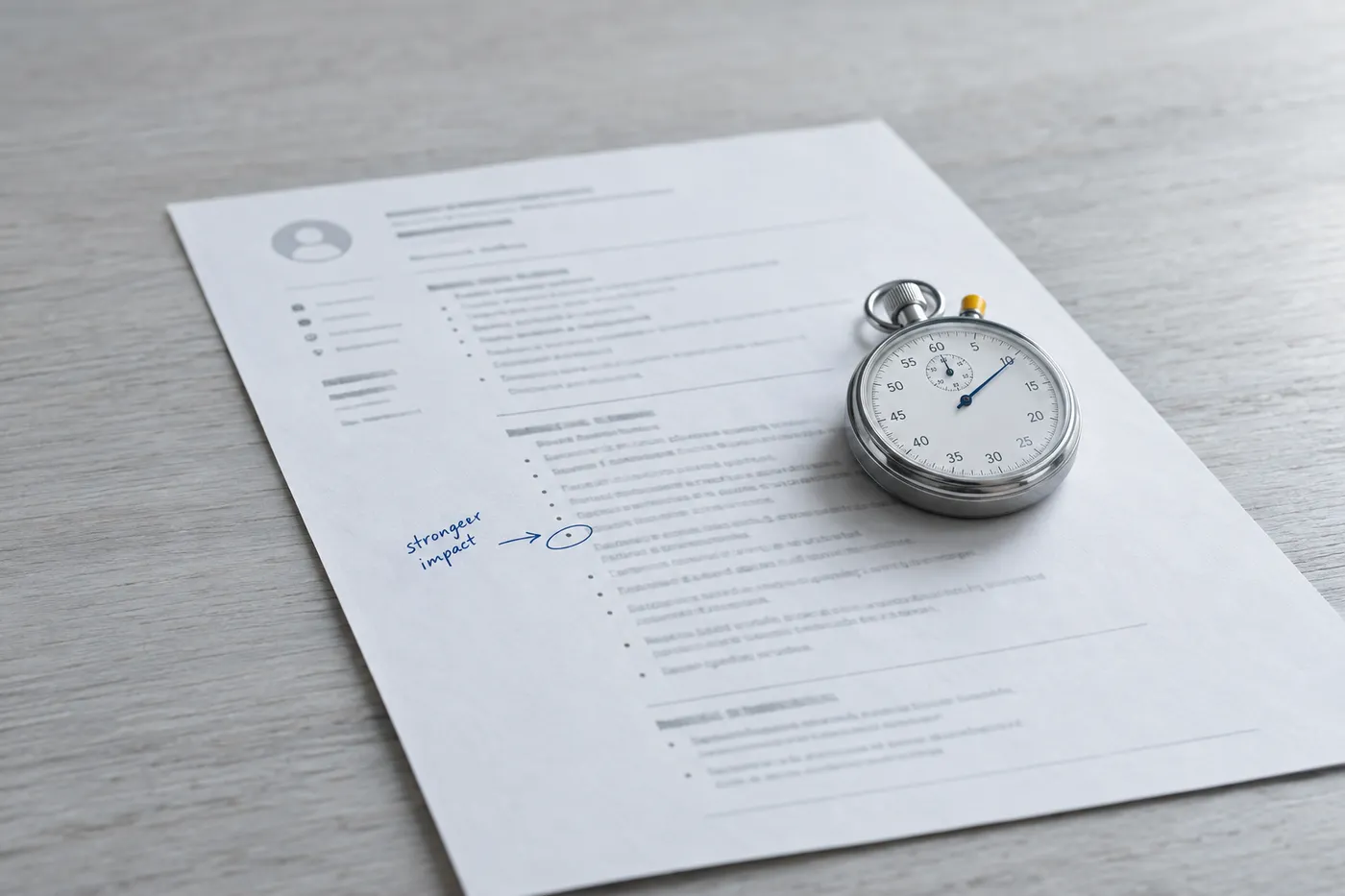 A mechanical stopwatch rests on a printed resume beside a bullet point circled in blue ink, representing speed metrics.